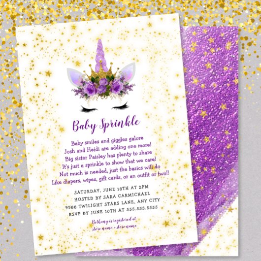 Purple Gold Unicorn Baby Sprinkle Invitation