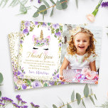 Purple Gold Unicorne Birthday Photo Carte de remer<br><div class="desc">Purple Gold Unicorne Birthday Photo Carte de remerciements</div>