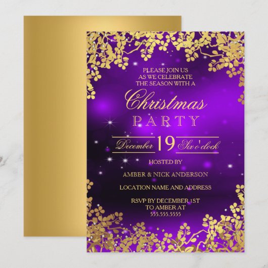 Purple Gold Wreath Christmas Party Invitation (Devant / Derrière)