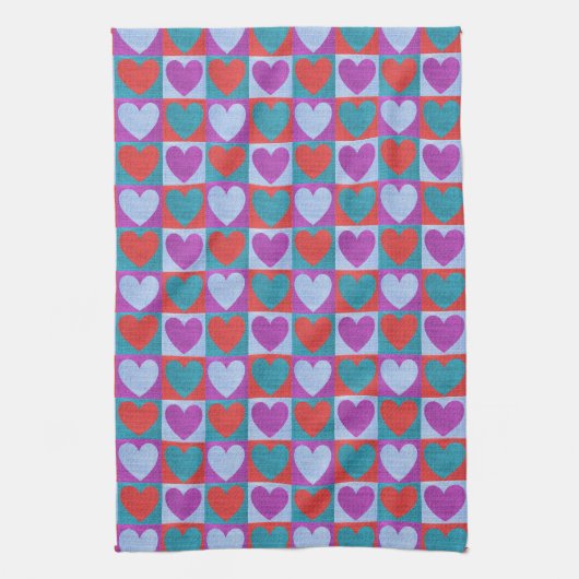Purple Green and Red Checked Heart Pattern Theedoek (Verticaal)