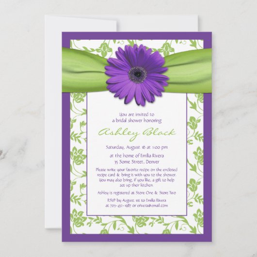 Purple Green Daisy Damask Bridal Douche Invitation (Devant)