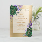 Purple Green Gold Floral Quinceañera Invitation (Debout devant)