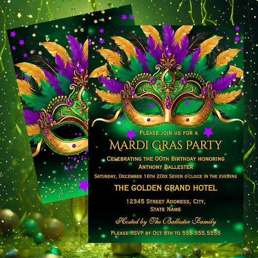 Purple Green Gold Masks Mardi Gras Birthday Party Kaart