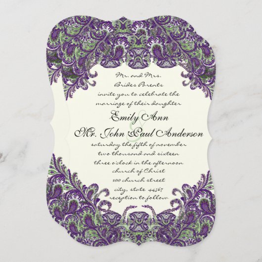 Purple & Green Peacock Ivory Wedding Invitations (Devant / Derrière)