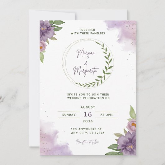 Purple & Green Watercolor Wedding Invitation (Devant)