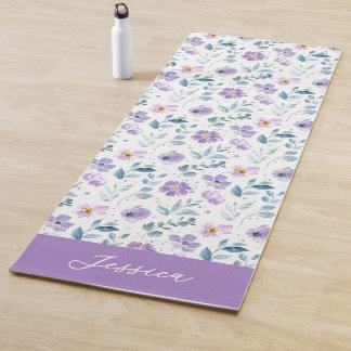 Purple Green Watercolor Wildflower Custom Name Yogamat