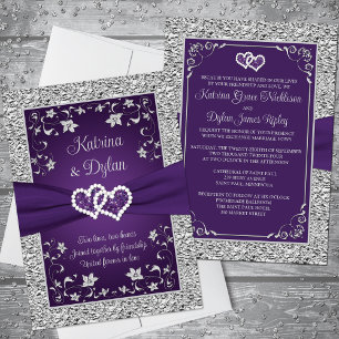 Purple, Grey Love Hearts Faire-part de mariage