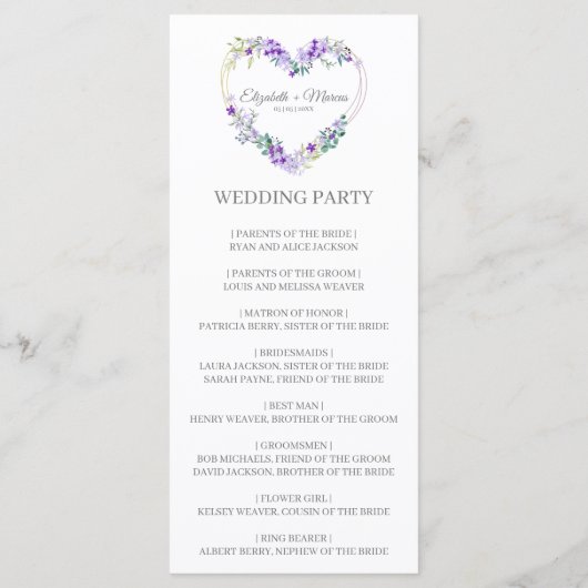 Purple Heart on Wildflowers for Wedding Programma (Achterkant)