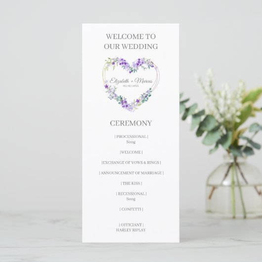 Purple Heart on Wildflowers for Wedding Programma (Staand voorkant)
