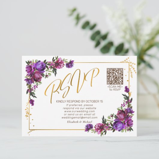 Purple Hot rose Floral Gold Script QR Code RSVP (Debout devant)
