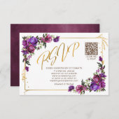 Purple Hot rose Floral Gold Script QR Code RSVP (Devant / Derrière)