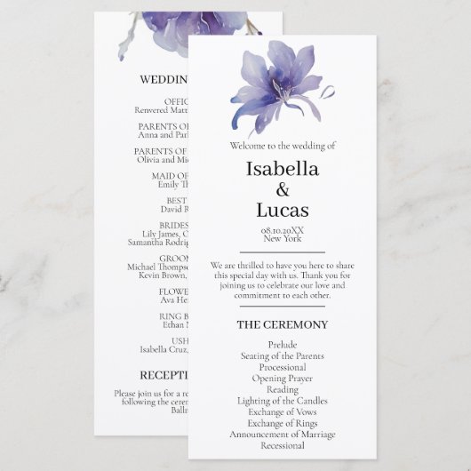 Purple Iris Watercolor Wedding Programme (Devant / Derrière)