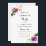 Purple Jaune Floral Sweet 16 Party Invitation<br><div class="desc">Design botanique floral à l'aquarelle violet élégant peint à la main. Collection correspondante dans Niche et Nest store. Nous avons utilisé des oeuvres d'art de : www.CreateTheCut.com</div>