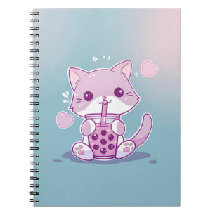 Purple Kawaii Chat Boire Boba Tea Note Livre