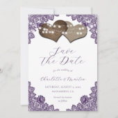 Purple Lace Burlap Hearts Rustic Wedding Save The Date (Voorkant)