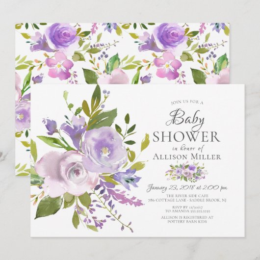 Purple Lavender Floral BABY Douche Invitations (Devant / Derrière)