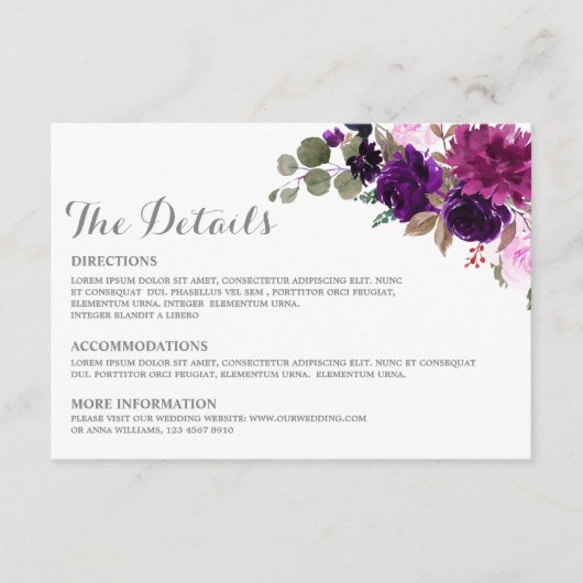 Purple Lavender Floral Boho Mariage Détails carte (Devant)