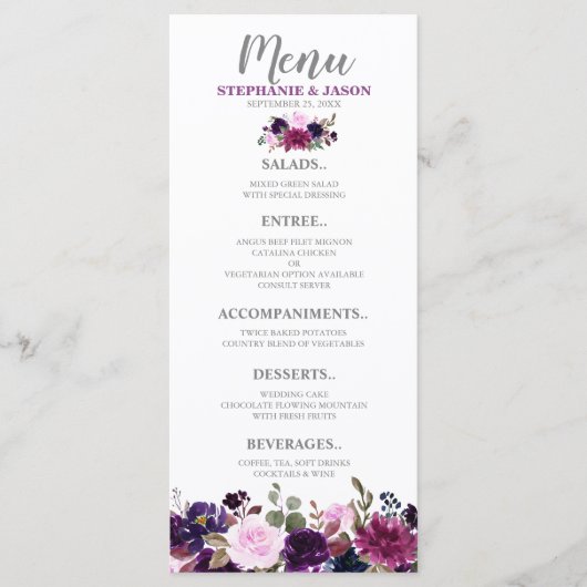 Purple Lavender Floral Boho menu Mariage (Devant)