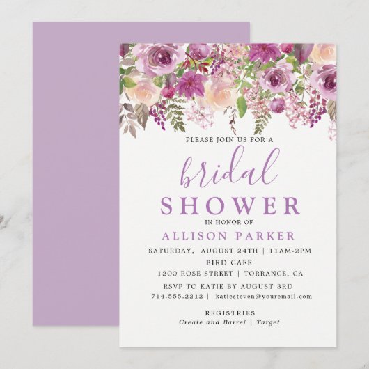 Purple Lavender Floral Bridal Show Invitation (Devant / Derrière)