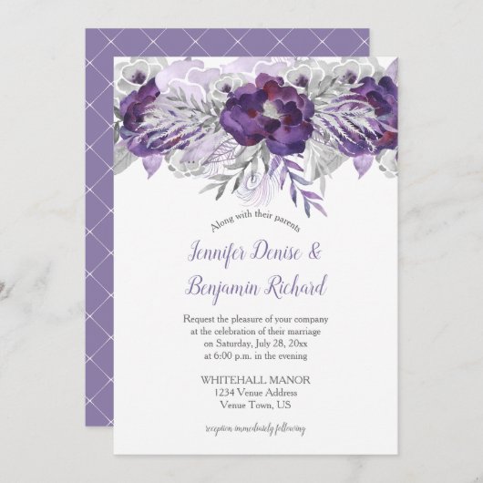 Purple Lavender Gris Aquarelle Fleurs Invitation (Devant / Derrière)