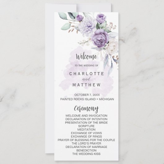 Purple Lavender Peonies Floral Wedding Program Kaart (Voorkant)