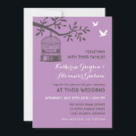 Purple Lavender Rustic Bird Cage Invitation<br><div class="desc">Faire-part de mariage rustique avec cage d'oiseau vintage accrochée à un arbre et deux inséparables volant librement. Décoré de carrelage et de dames motif au dos de la carte. Customisez le libellé pour la douche nuptiale, le baby shower, la fête de fiançailles, la fête de bachelorette, la fête du barbecue,...</div>