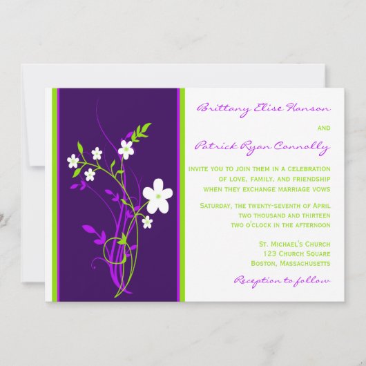 Purple, Lime, Faire-part de mariage Floral Blanc (Devant)