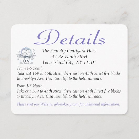 Purple Lovebirds Détails du Mariage / Cartes de di (Devant)