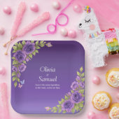 Purple Mauve Flowers & White Wedding 9" Square Papieren Bordje (Feest)