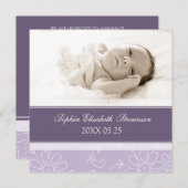 Purple Modèle photo Nouveau bébé Faire-part de nai (Devant / Derrière)