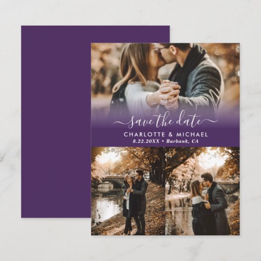 Purple Modern Photo Mariage Enregistrer Les Cartes (Devant / Derrière)