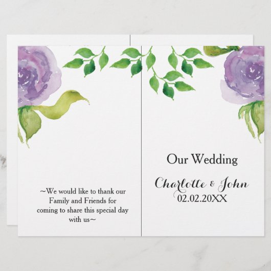Purple Moderne aquarelle programme de mariage flor (Devant / Derrière)