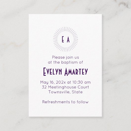 Purple Monogram Circle Baptism Invitation (Devant)
