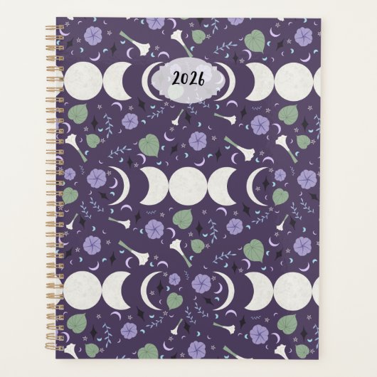 Purple Moon Phase Floral Pattern 2026 Planner (Devant)