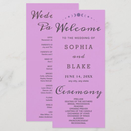 Purple Moon Phases Plum Purple Wedding Programme (Devant / Derrière)