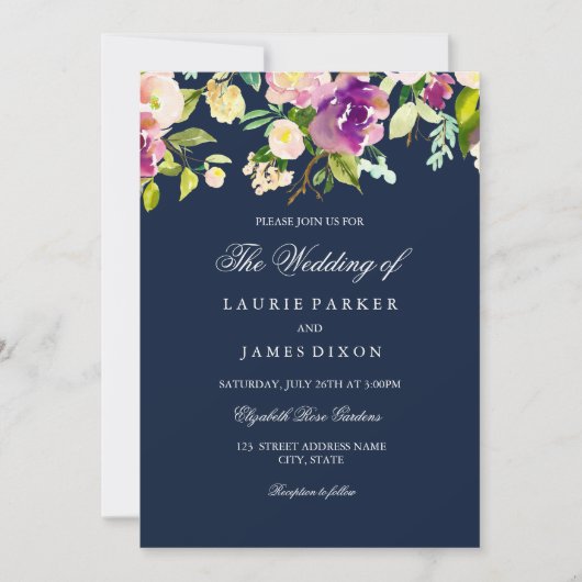 Purple Navy Floral Élégant Mariage Invitation (Devant)
