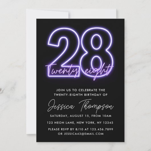 Purple Neon 28e anniversaire Invitation (Devant)