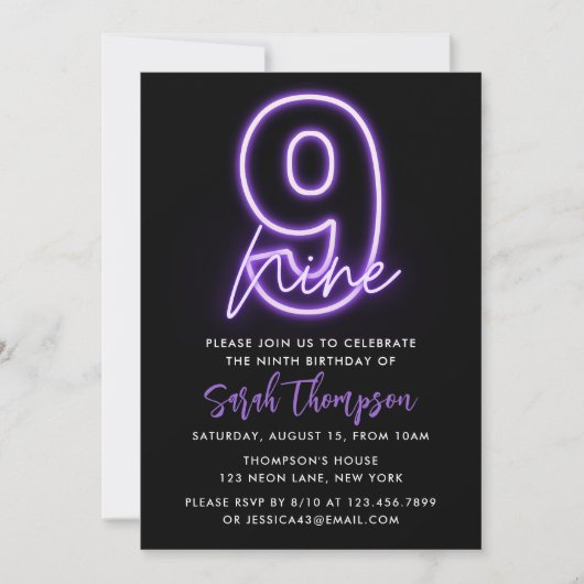 Purple Neon 9e anniversaire Invitation (Devant)