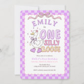 Purple One Silly Goose-Retro Girl First Birthday Kaart (Voorkant)