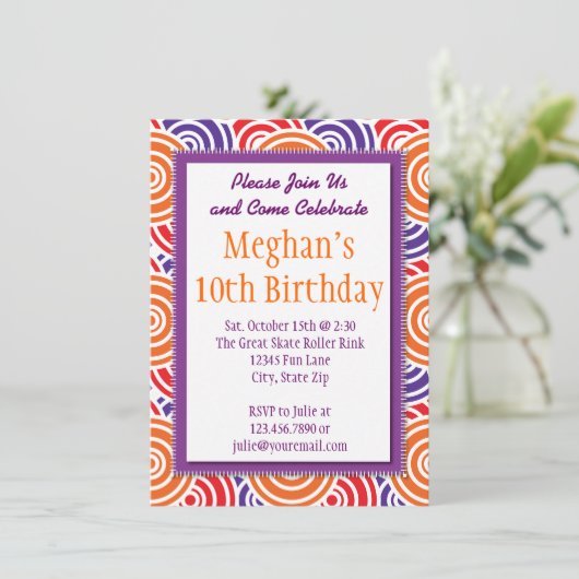 Purple Orange Circles Anniversaire Invitations (Debout devant)