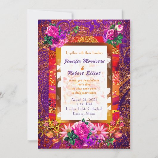 Purple Orange Paisley Faire-part de mariage Floral (Dos)