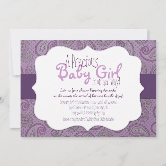 Purple Paisley Baby Girl Shower Invitation (Devant)