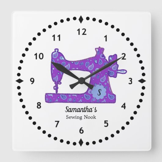 Purple Paisley Sewing Machine Large Clock Vierkante Klok (Voorkant)