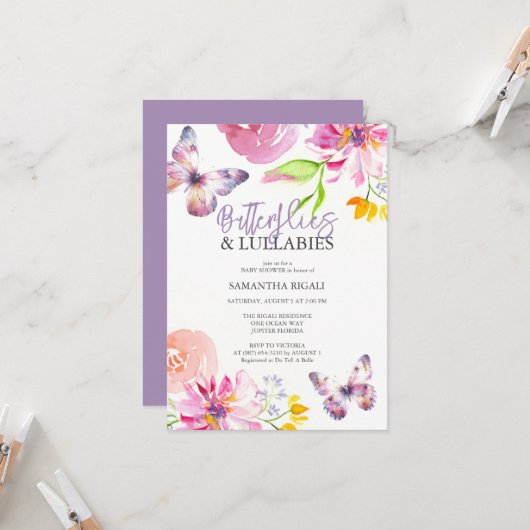 Purple Papillon Baby Shower Invitations (Devant/Arrière en situation)