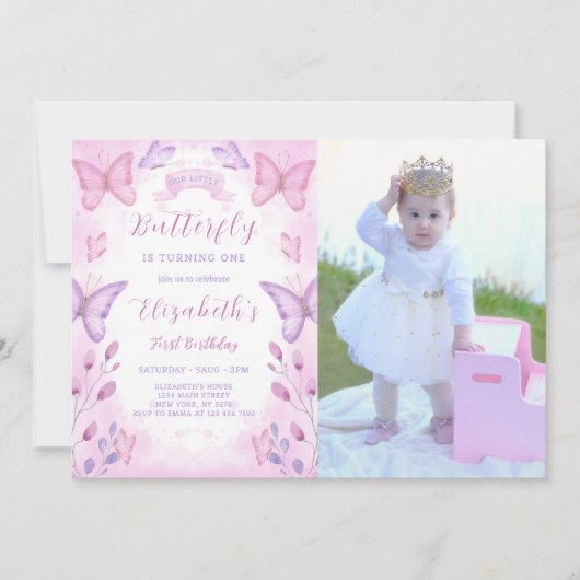 Purple Papillon Invitation Anniversaire Avec Photo (Devant)