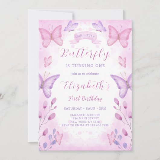 Purple Papillon Invitation d'anniversaire (Devant)