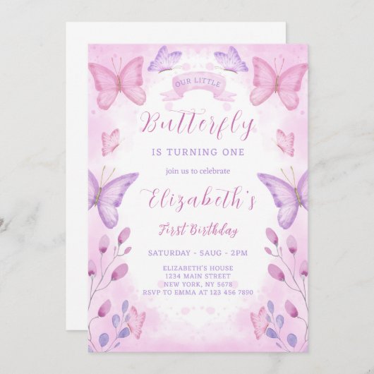 Purple Papillon Invitation d'anniversaire (Devant / Derrière)