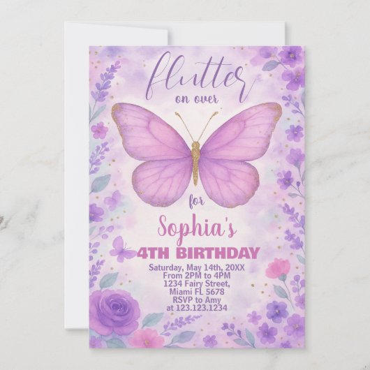 Purple Papillon Invitation d'anniversaire (Devant)