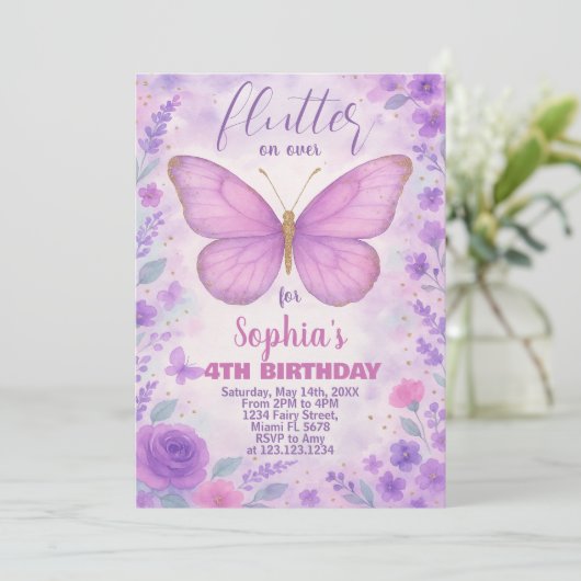 Purple Papillon Invitation d'anniversaire (Debout devant)