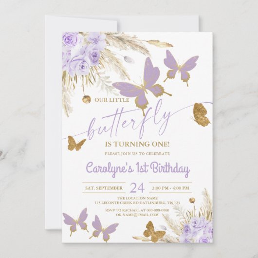 Purple Papillon Invitation d'anniversaire (Devant)